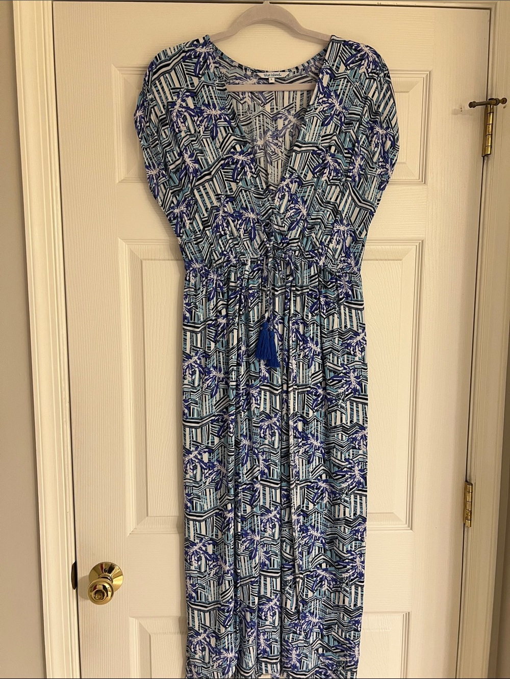 blue island Blue Patterned Maxi Dress with Tassel Tie